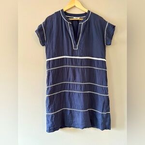 Vince Navy 100% Ramie Lace Inset Lined Popover Split V Neck Dress Size 2